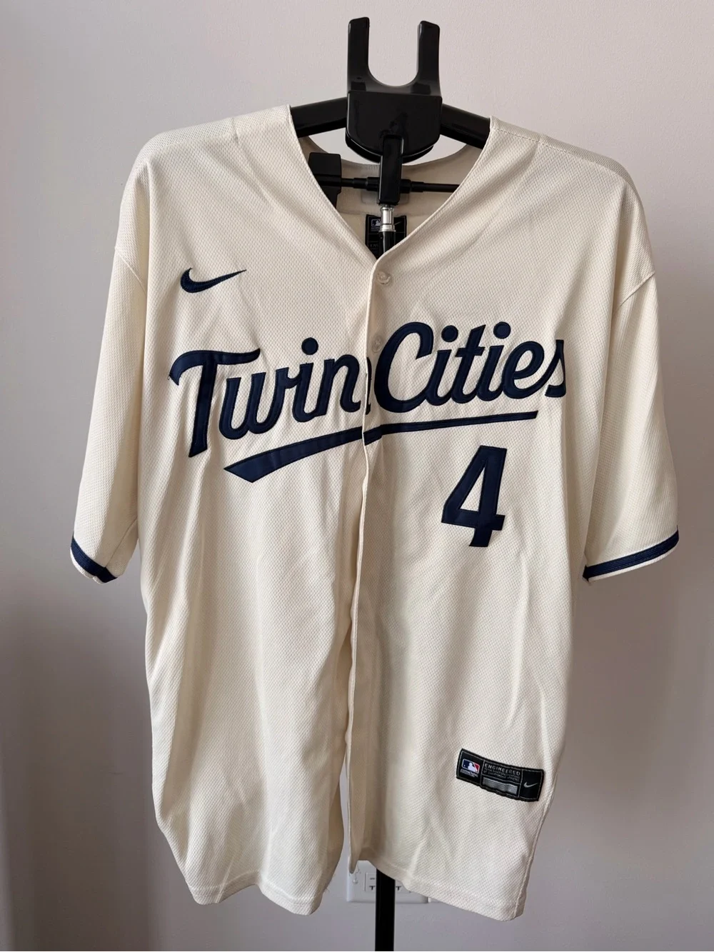 Nike Cream Twin Cities Baseball Jersey with Navy Script & Number 4